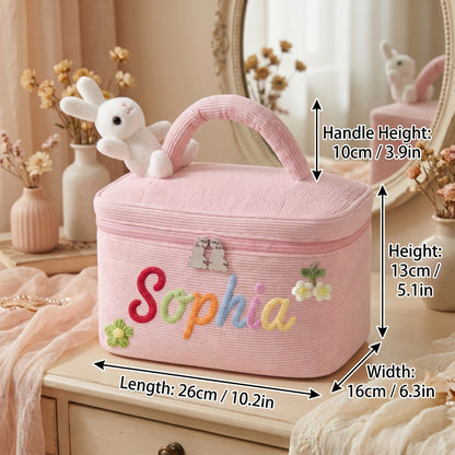 Custom Rainbow Name Corduroy Makeup Bag: Embroidered Large Travel Cosmetic Case
