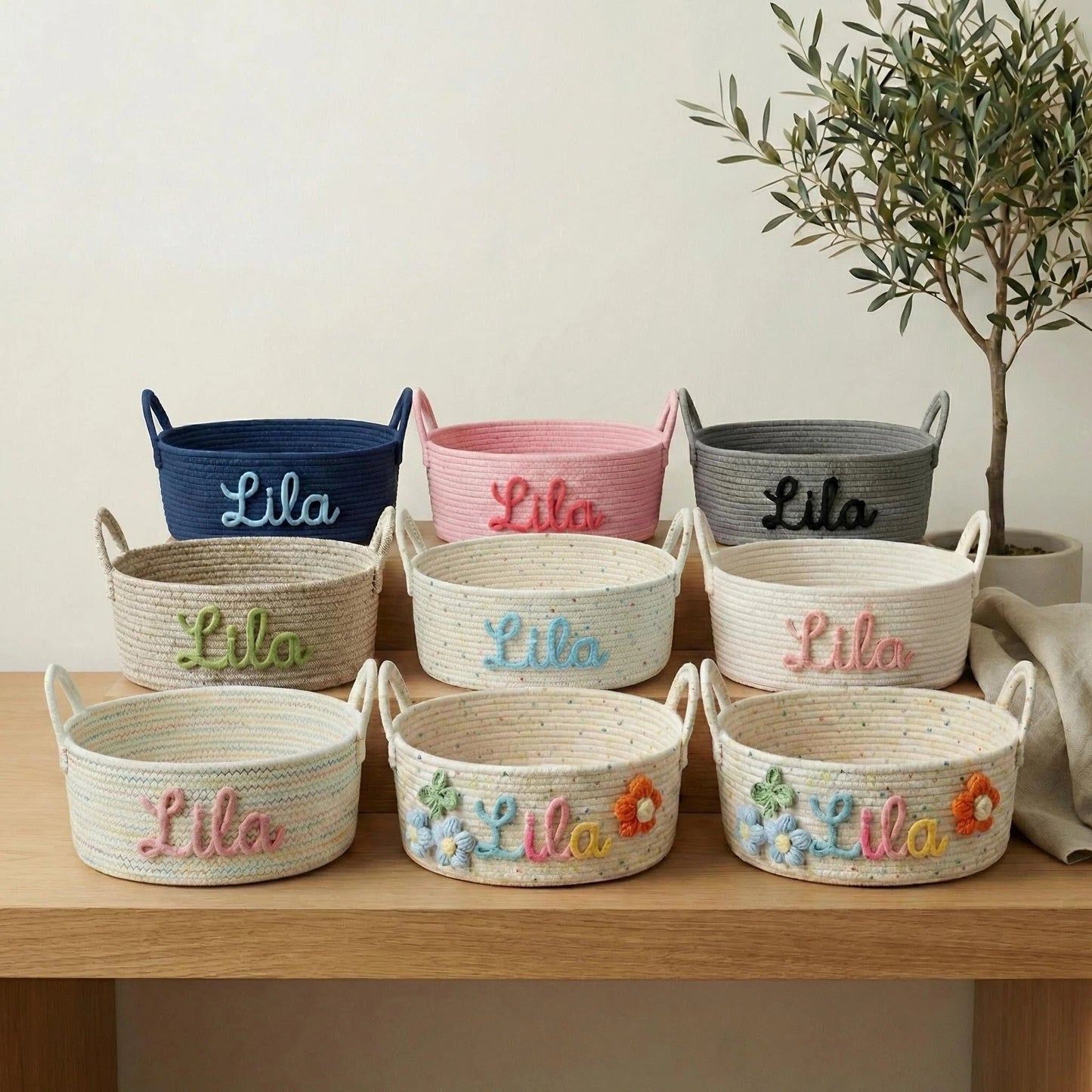 Personalized Woven Cotton Bin: 3D Embroidered Name