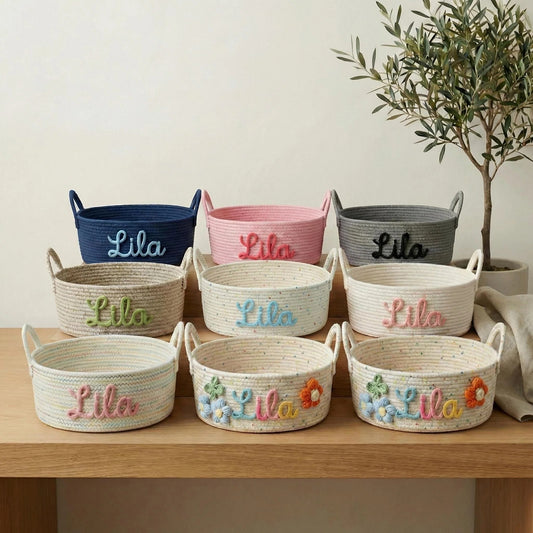 Personalized Woven Cotton Bin: 3D Embroidered Name