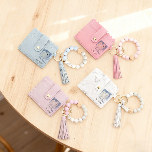 Custom Embroidered Card Holder Keychain - Personalized Beaded Wristlet with Fringe