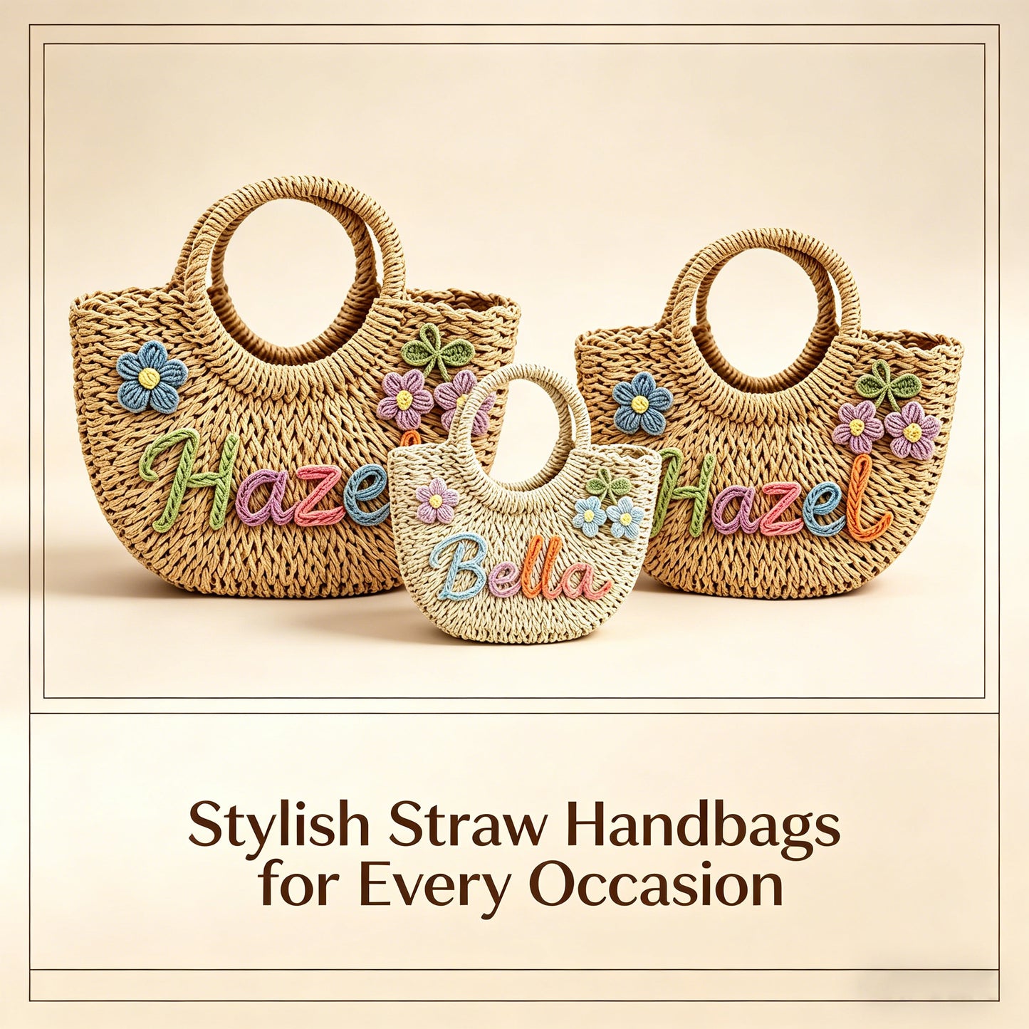 Personalized Mommy & Me Straw Tote: 3D Rainbow Embroidered Name