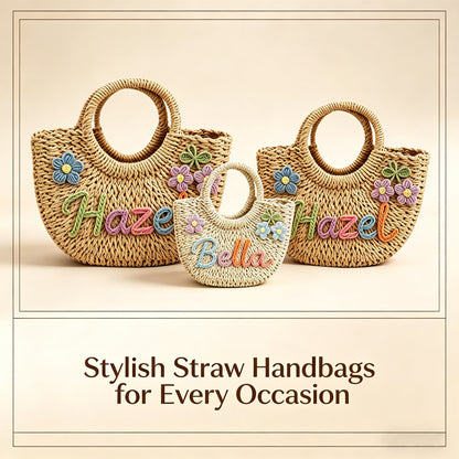 Personalized Mommy & Me Straw Tote: 3D Rainbow Embroidered Name
