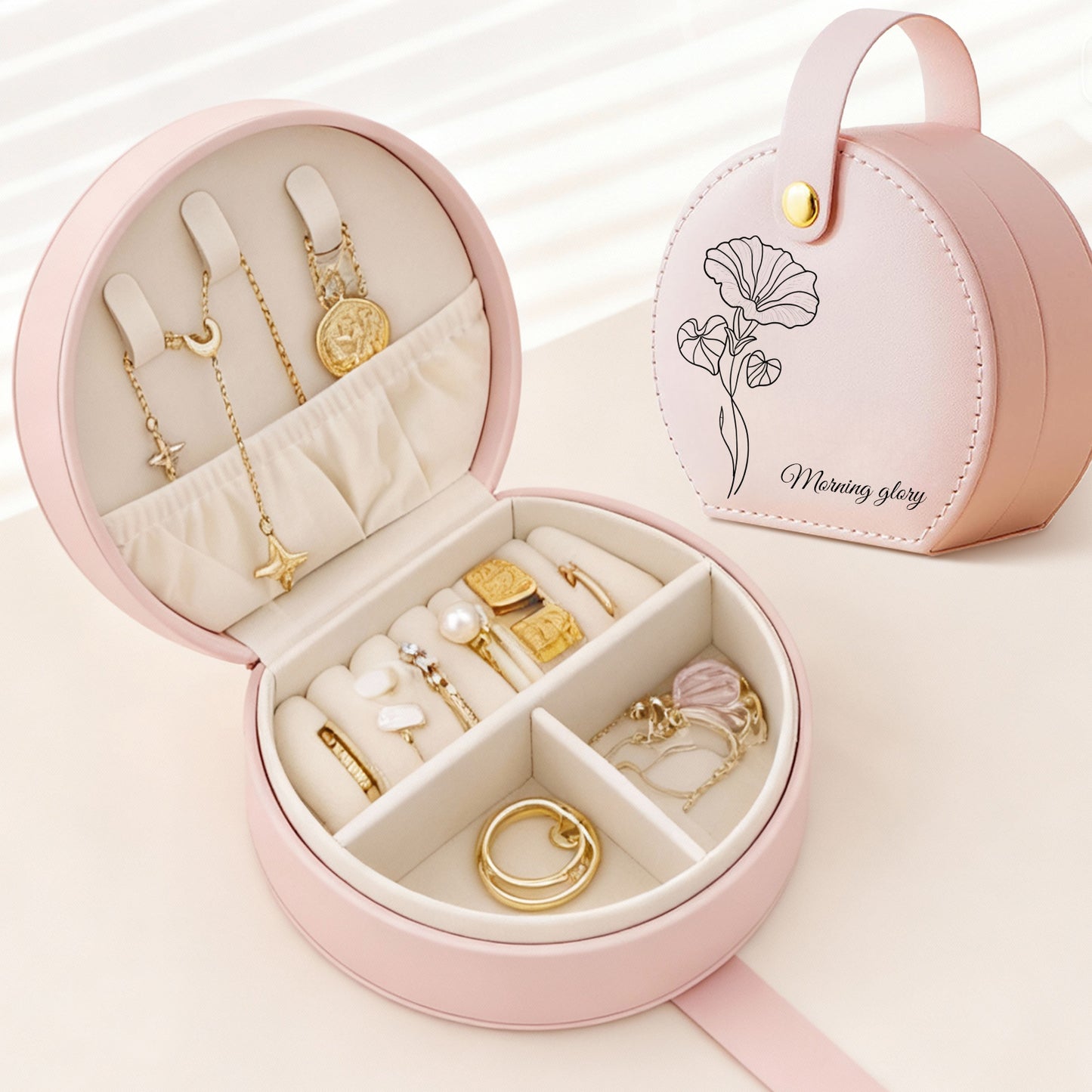 Runde Kosmetiktasche aus PU mit individuellem Pflanzen- und Textmotiv – personalisierte Kosmetiktasche