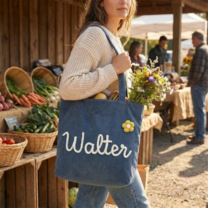 Custom Name Corduroy Tote Bag with Handcrafted 3D Crochet Flower