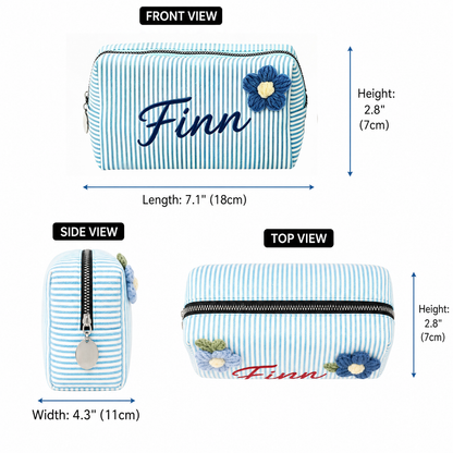 Custom Name Striped Makeup Bag: Handmade Crochet Flower Pouch