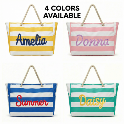 Custom Name Striped Beach Bag: Large Waterproof Vacation Tote