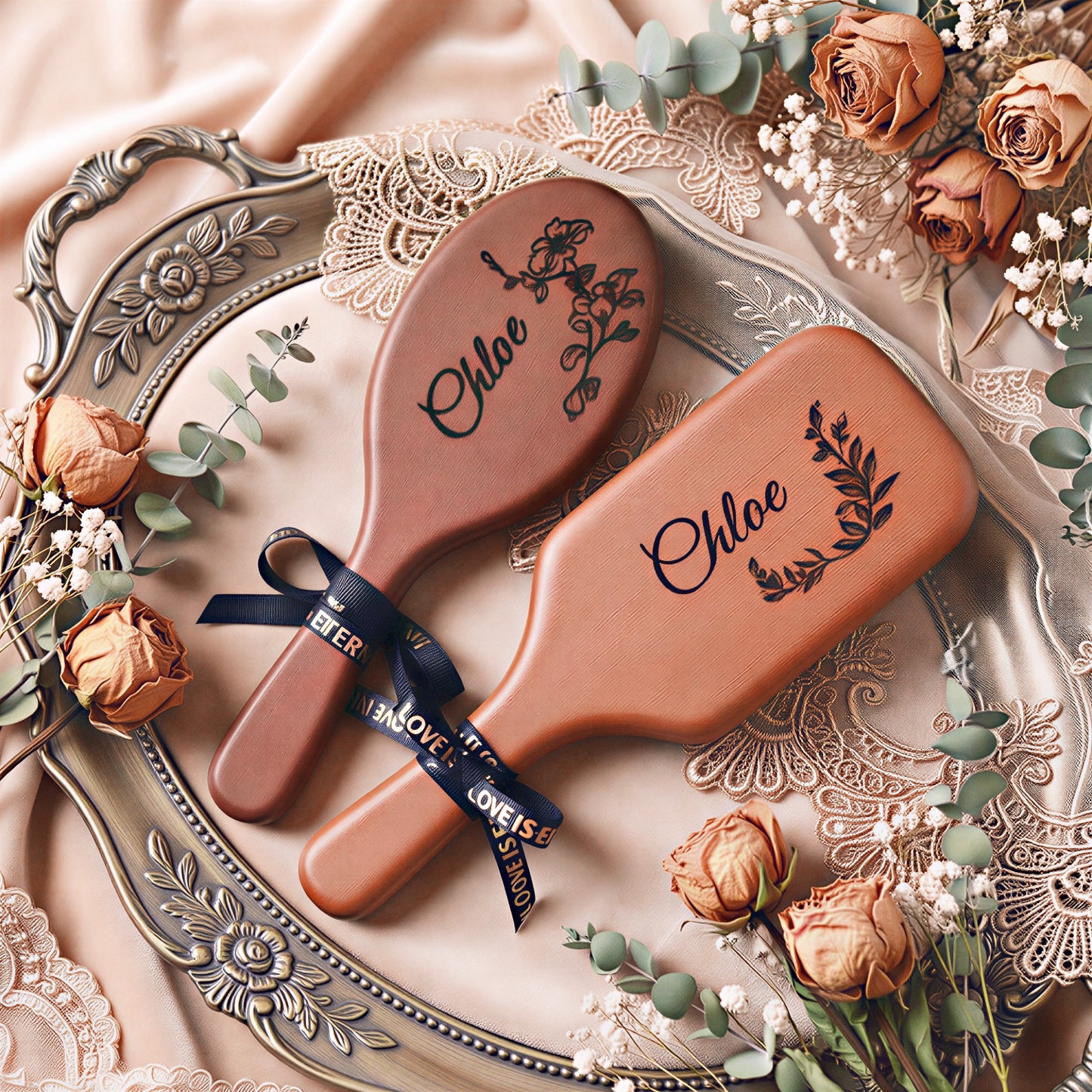 Brosse plate en bois personnalisée - Brosse démêlante personnalisée avec motif floral et nom gravé