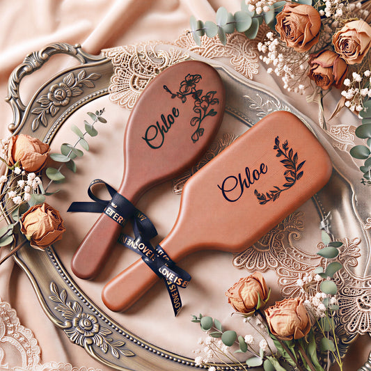 Custom Wooden Paddle Brush - Personalized Floral & Name Engraved Detangling Brush