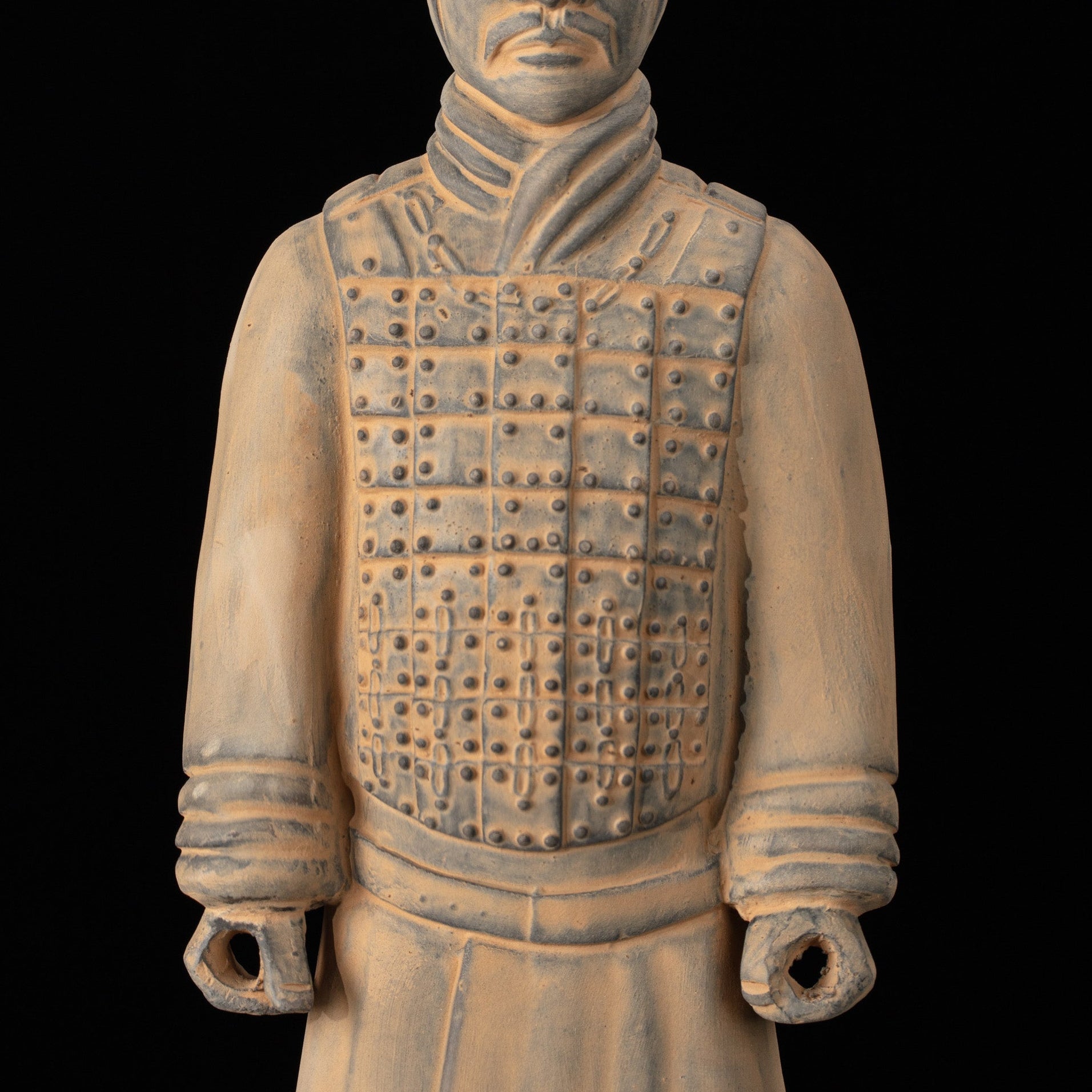 35CM Cavalryman - CLAYARMY-Detailed close-up capturing the front view of the 35CM Terracotta Army Cavalryman, highlighting the finely sculpted flat bun and intricate armor.