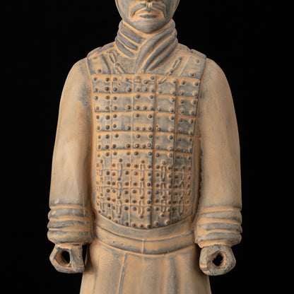 35CM Cavalryman - CLAYARMY-Detailed close-up capturing the front view of the 35CM Terracotta Army Cavalryman, highlighting the finely sculpted flat bun and intricate armor.