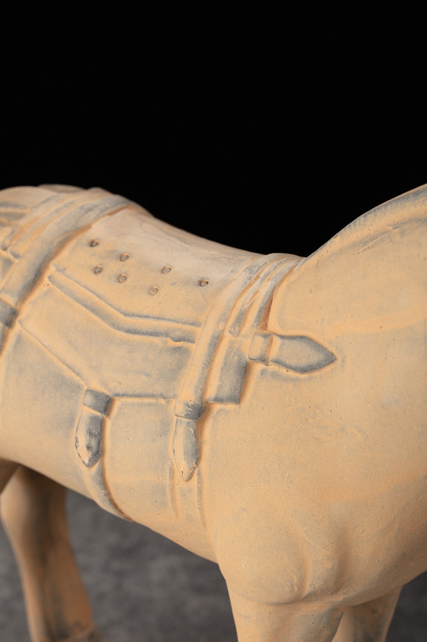 35CM Horse - CLAYARMY -Side view highlighting the intricately carved patterns on the saddle of our 35CM Clayarmy Terracotta Horse.