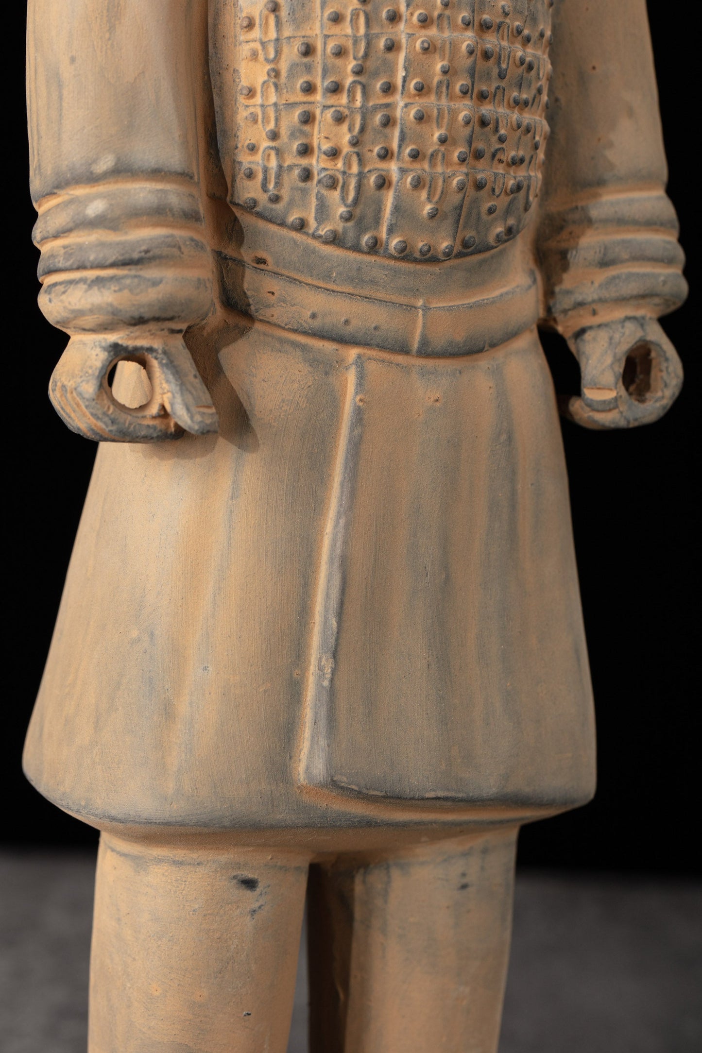 35CM Cavalryman - CLAYARMY-In-depth perspective capturing the 35CM Terracotta Army Cavalryman's unique features, such as the flat bun and carefully crafted knee-length jacket.