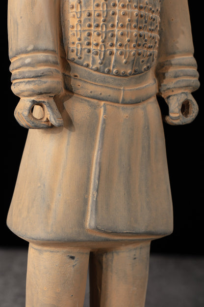 35CM Cavalryman - CLAYARMY-In-depth perspective capturing the 35CM Terracotta Army Cavalryman's unique features, such as the flat bun and carefully crafted knee-length jacket.
