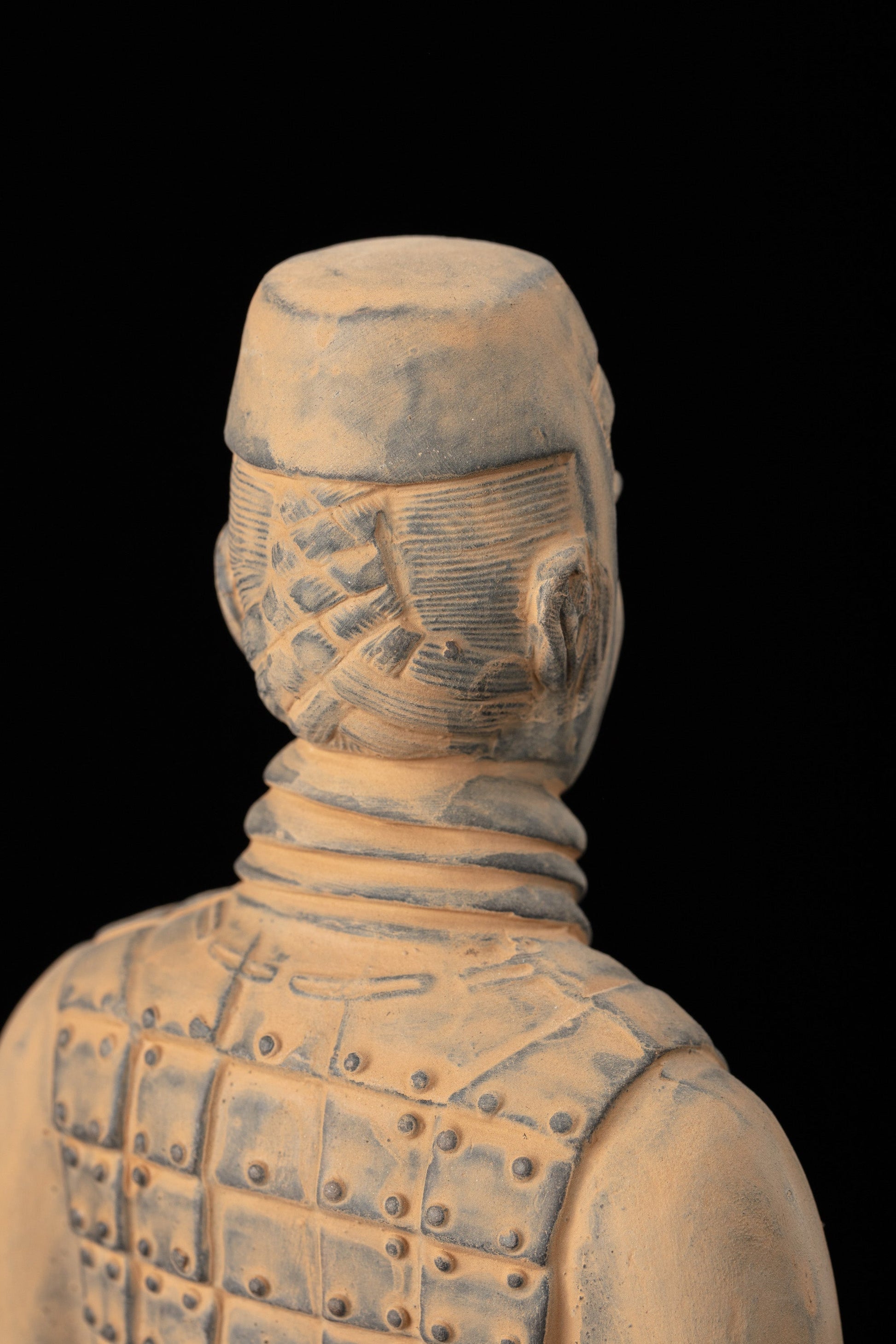 35CM Cavalryman - CLAYARMY-Top-down view focusing on the accessories of the 35CM Terracotta Army Cavalryman, including the crossbow and meticulously crafted headgear.