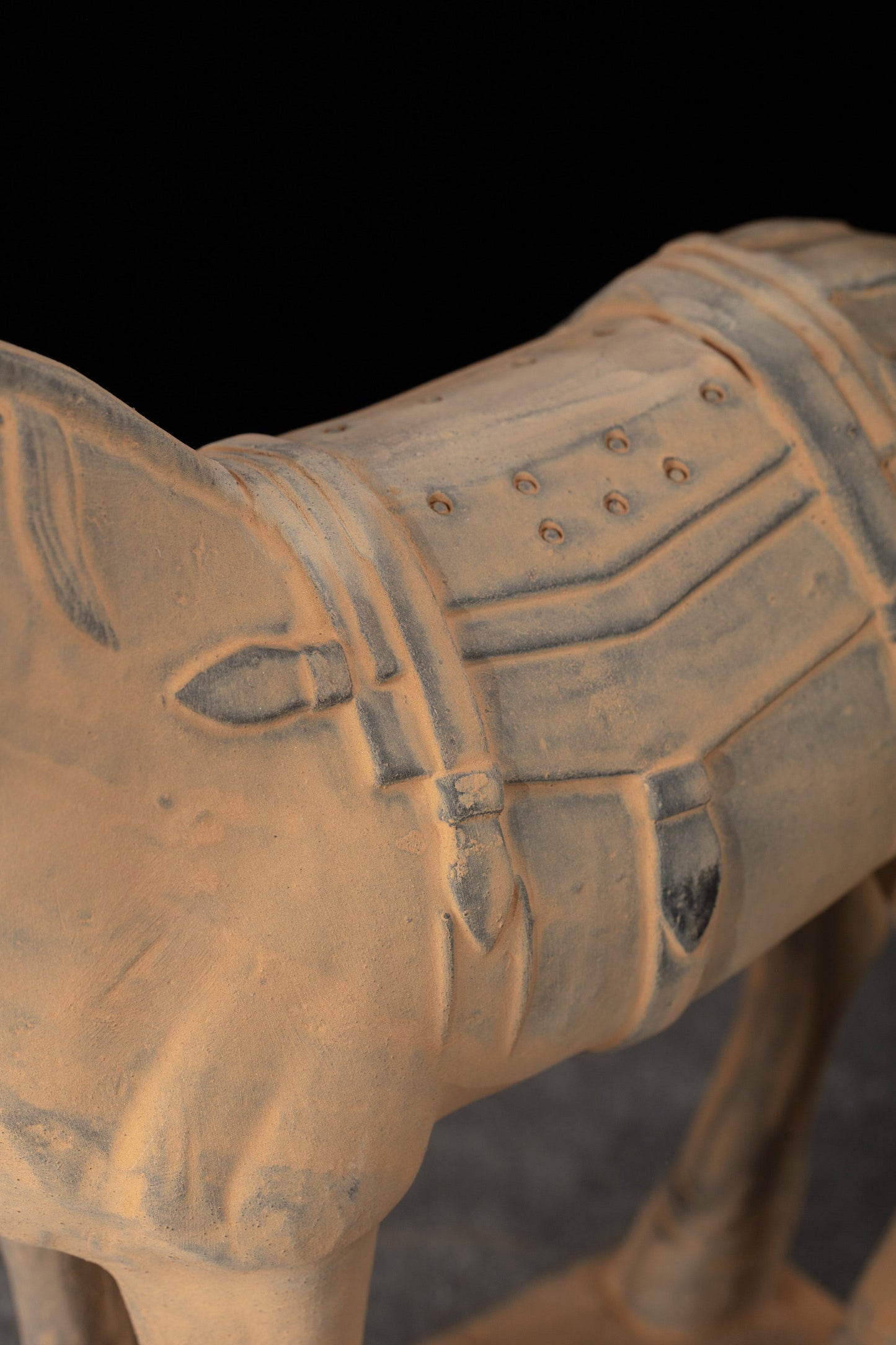 35CM Horse - CLAYARMY -Side profile showcasing the intricate details on the saddle of our 35CM Terracotta Horse replica.