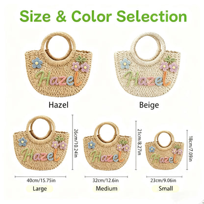 Personalized Mommy & Me Straw Tote: 3D Rainbow Embroidered Name