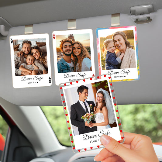 Personalized Car Sun Visor Photo Holder - Custom Acrylic Picture Clip with Safe Driving Text, Unique Car Interior Accessory & Keepsake Gift