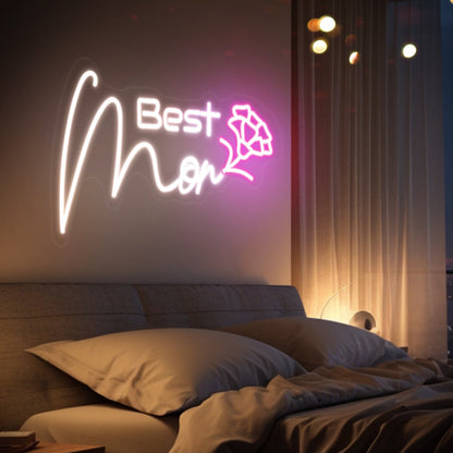 Best Mom Neon Sign - Elegant White Script & Pink Bloom LED Light for Mothers Day