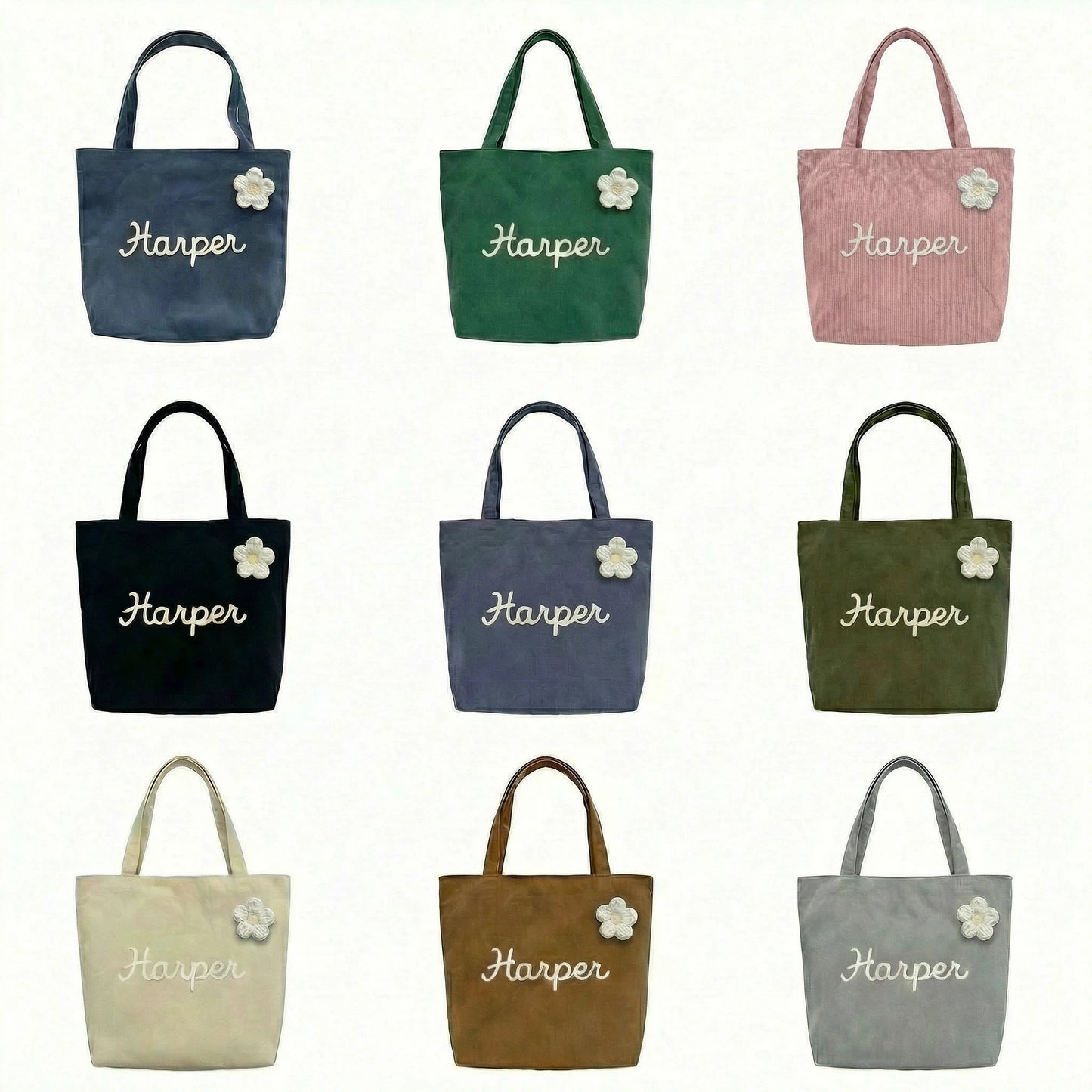 Custom Name Corduroy Tote Bag with Handcrafted 3D Crochet Flower