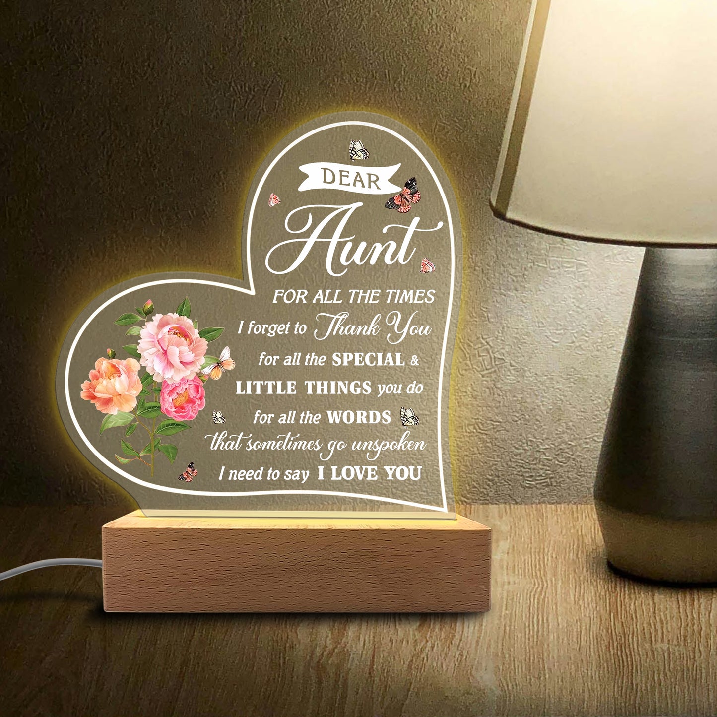 Veilleuse en acrylique en forme de cœur personnalisée - Cadre floral et message gravé au laser