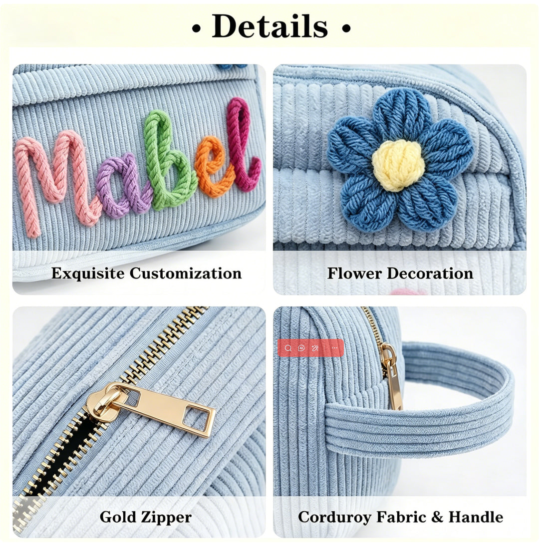 Custom Corduroy Pouch: 3D Rainbow Embroidered Name