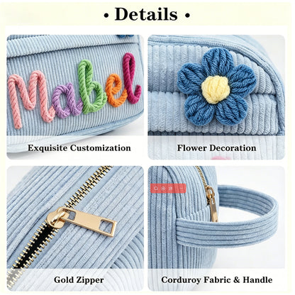 Custom Corduroy Pouch: 3D Rainbow Embroidered Name