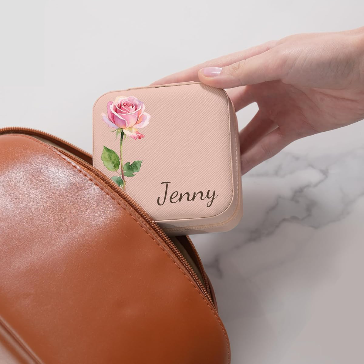 Personalisierte Schmuckschatulle – Individueller Name &amp; farbenfrohes Blumenbouquet-Motiv, inklusive Spiegel