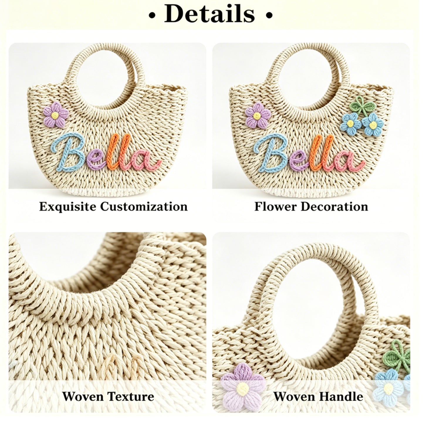 Personalized Mommy & Me Straw Tote: 3D Rainbow Embroidered Name