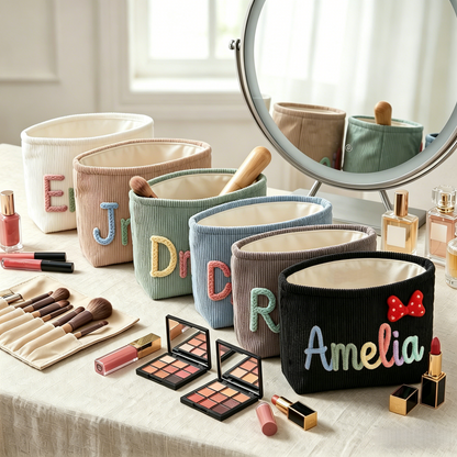 Personalized Corduroy Pouch: 3D Embroidered Name