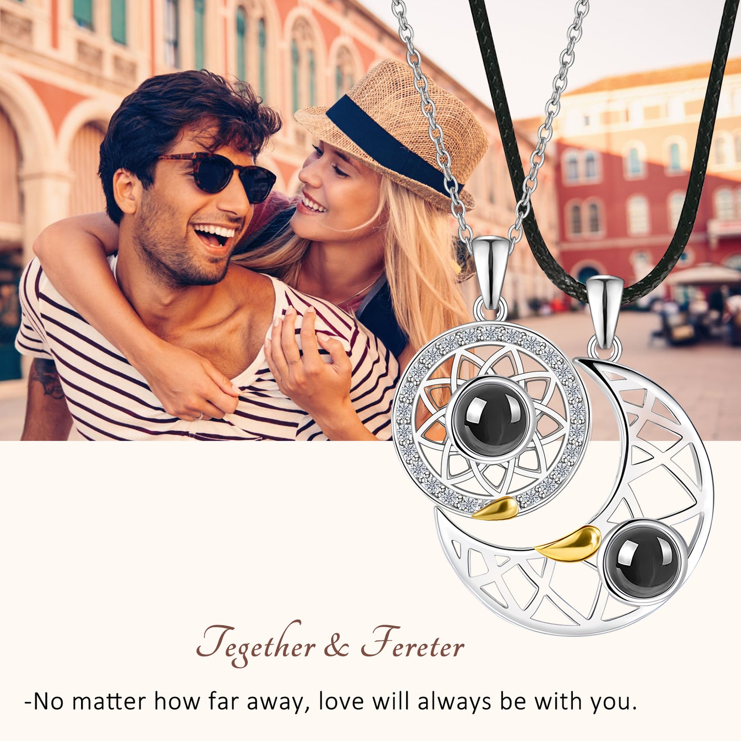 Partner-Halskettenset „Sonne und Mond“ – Projektionsanhänger mit Diamant- und Goldakzenten