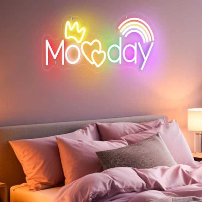 „Momday“ – Neon-Nachtlicht zum Muttertag – Handgefertigte LED-Nachtlichter mit Regenbogenherzen und Krone