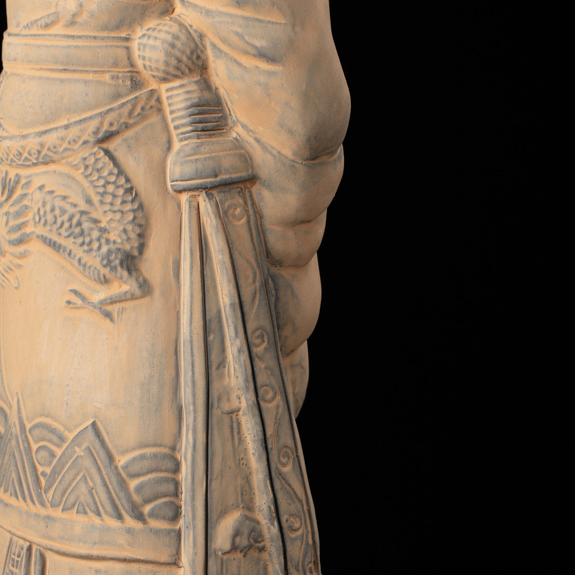 45CM Emperor - CLAYARMY -Close-up of the hands and weaponry of Clayarmy's 45CM Emperor Qin Terracotta Warrior, emphasizing precision and artistry.