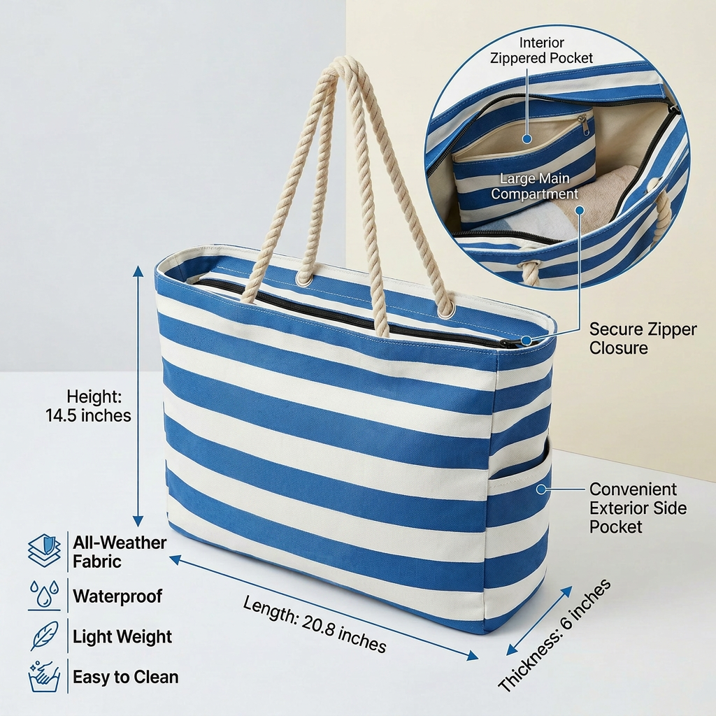 Custom Name Striped Beach Bag: Large Waterproof Vacation Tote