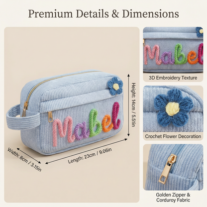 Custom Corduroy Pouch: 3D Rainbow Embroidered Name