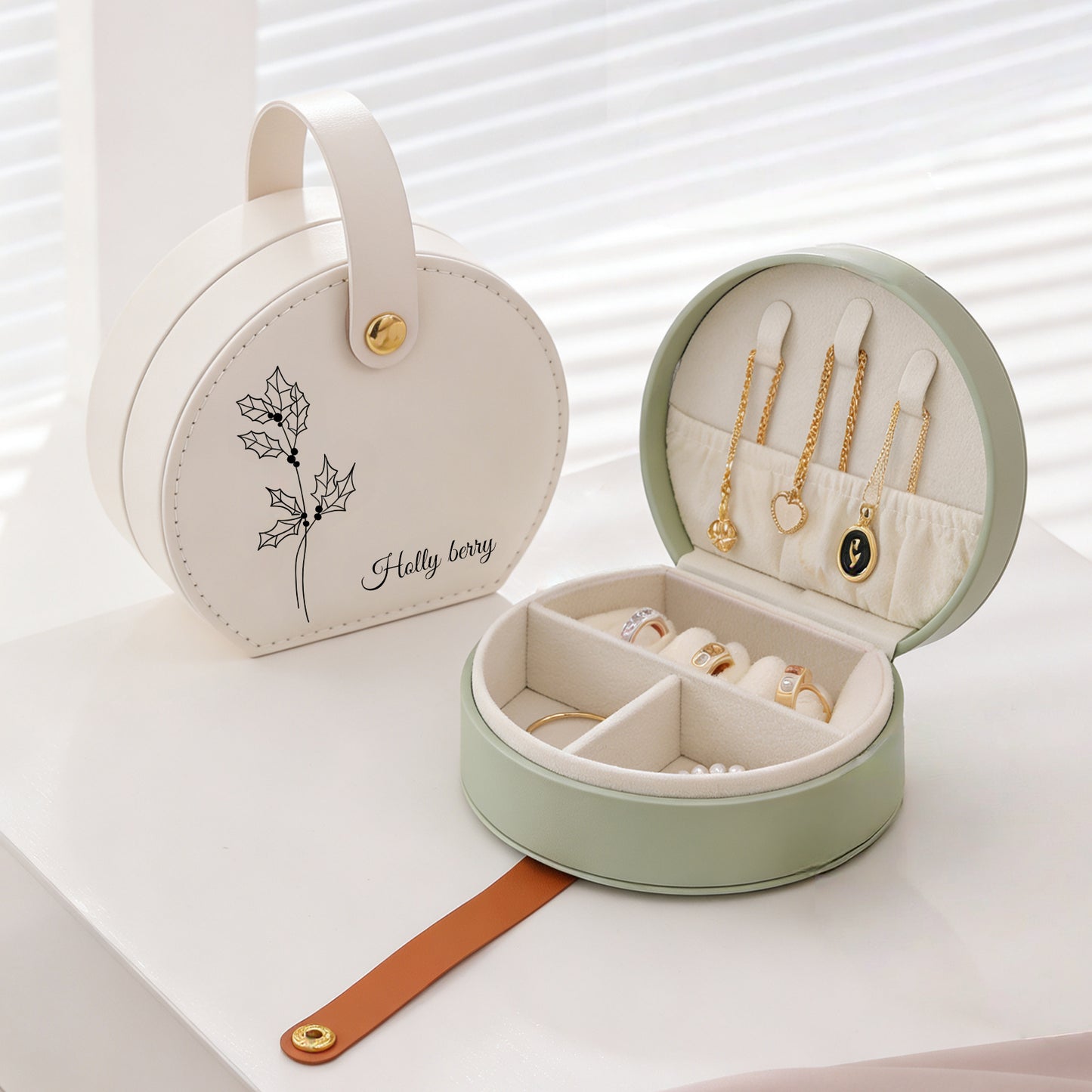 Runde Kosmetiktasche aus PU mit individuellem Pflanzen- und Textmotiv – personalisierte Kosmetiktasche