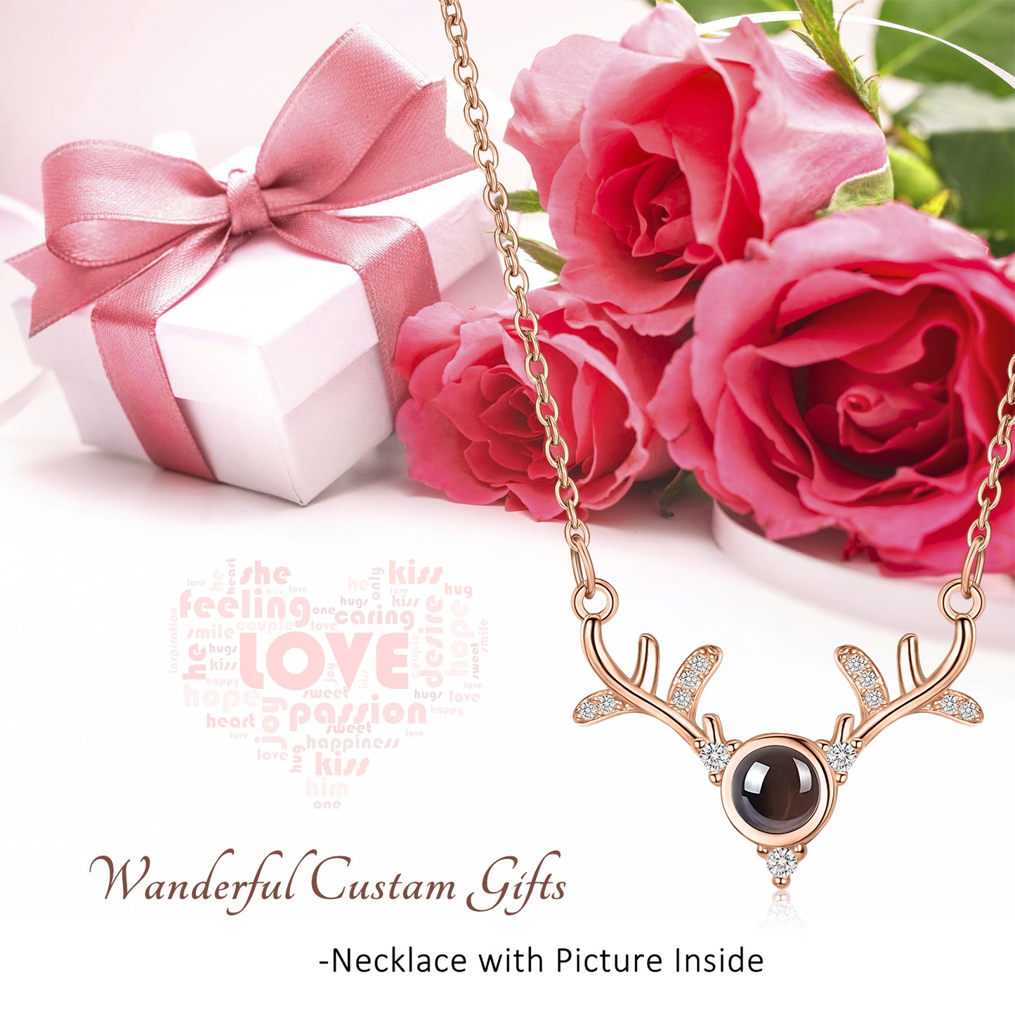 X'mas Deer Antler Photo Locket Necklace - Personalized Keepsake Jewelry with Picture Inside