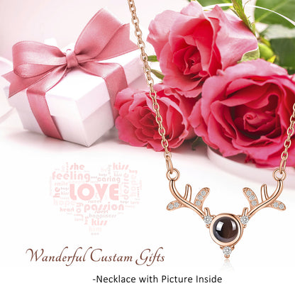 X'mas Deer Antler Photo Locket Necklace - Personalized Keepsake Jewelry with Picture Inside