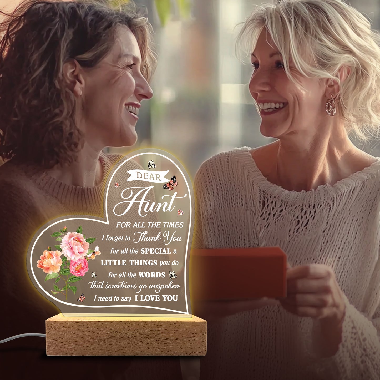 Veilleuse en acrylique en forme de cœur personnalisée - Cadre floral et message gravé au laser