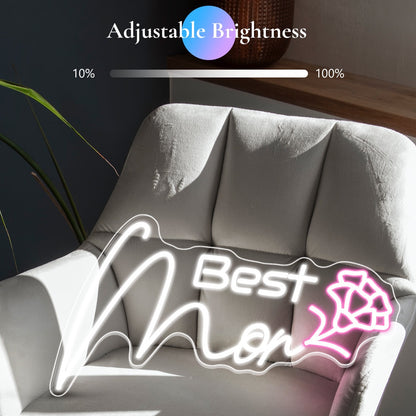 Best Mom Neon Sign - Elegant White Script & Pink Bloom LED Light for Mothers Day