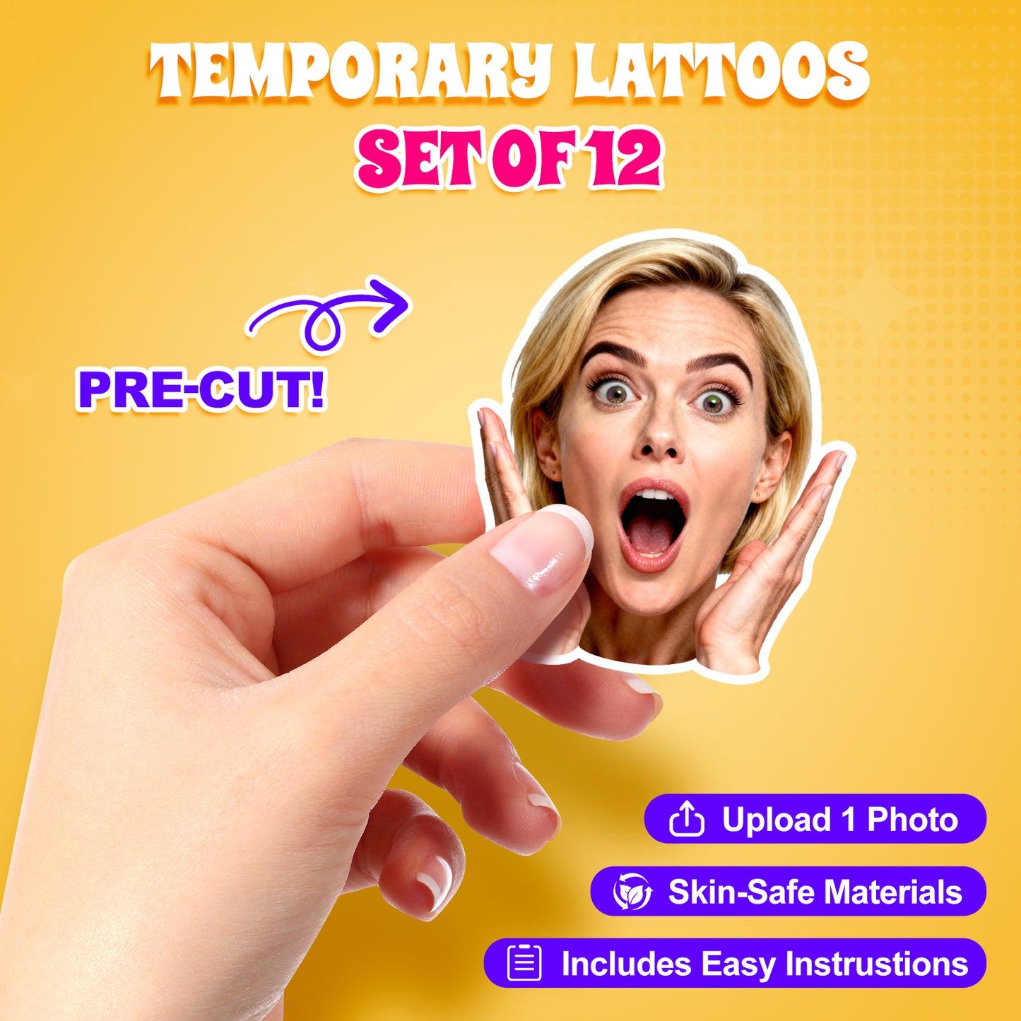 Custom Temporary Tattoos 12 Pack - Upload Your Face Photo Personal Set
