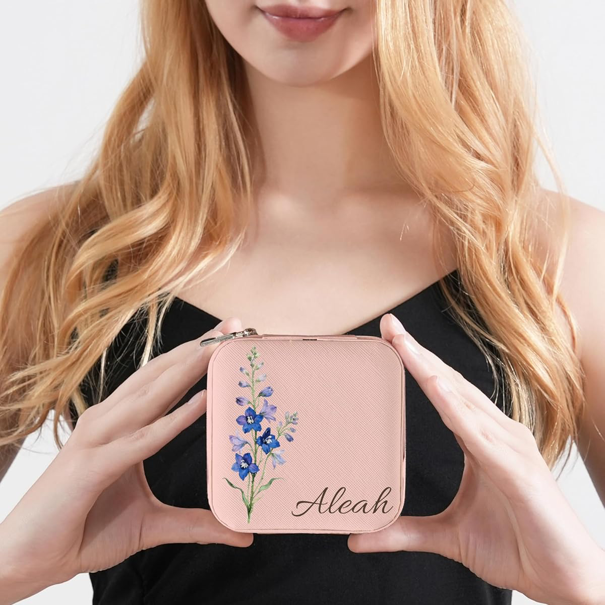 Personalisierte Schmuckschatulle – Individueller Name &amp; farbenfrohes Blumenbouquet-Motiv, inklusive Spiegel