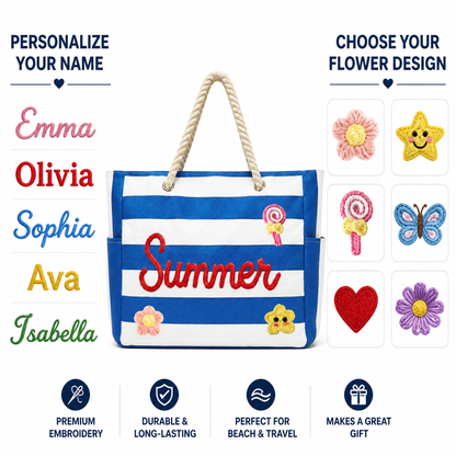 Custom Name Striped Beach Bag: Large Waterproof Vacation Tote