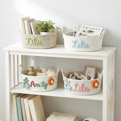 Personalized Woven Cotton Bin: 3D Embroidered Name