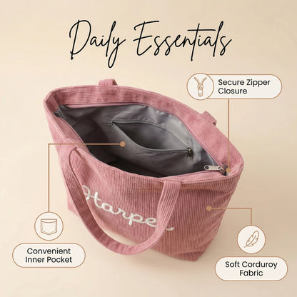 Custom Name Corduroy Tote Bag with Handcrafted 3D Crochet Flower