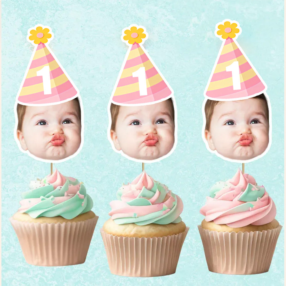 Décoration de cupcake personnalisée avec photo du visage - Chapeau de fête personnalisé pour anniversaires et événements importants