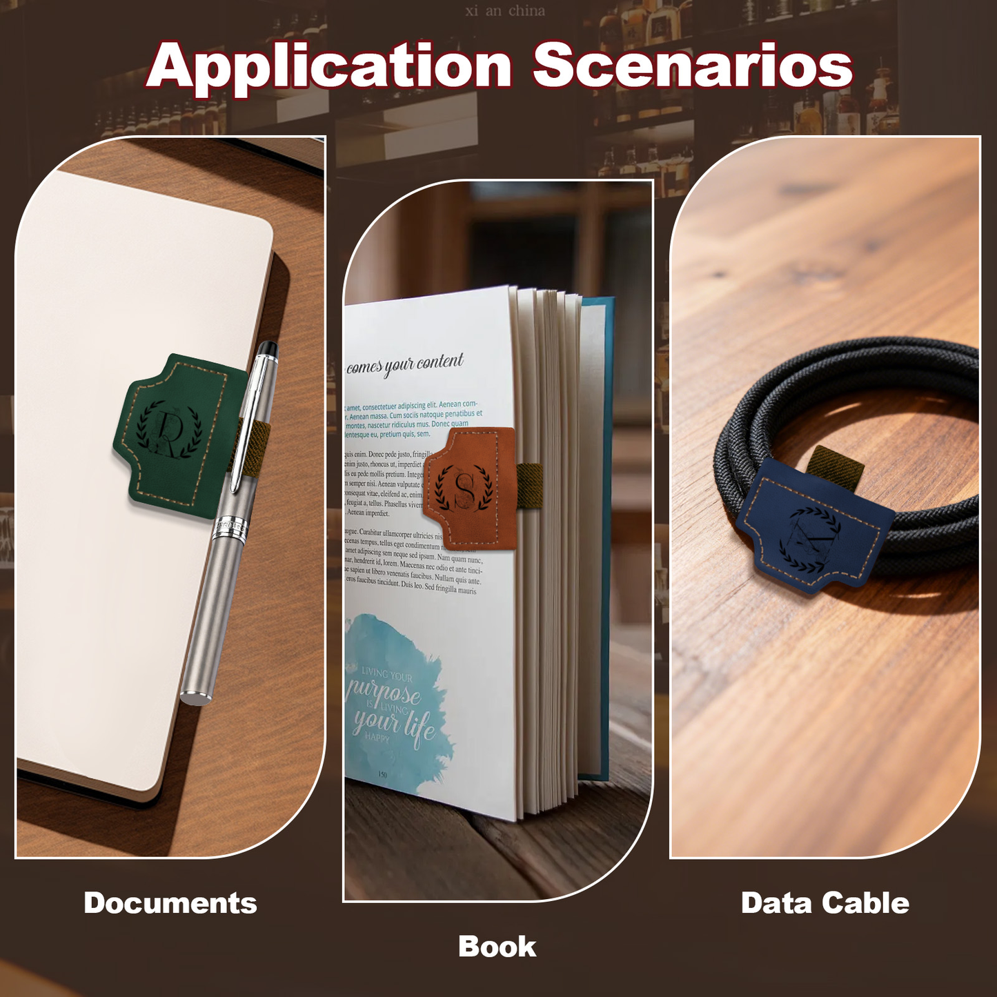 Marque-page magnétique personnalisé en cuir avec porte-stylo - Cadeau personnalisé avec nom