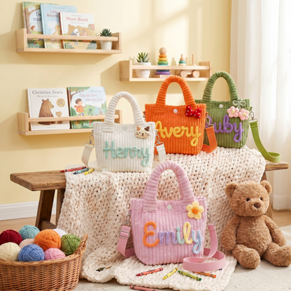 Custom Name Corduroy Tote: Embroidered Crossbody Handbag for Kids