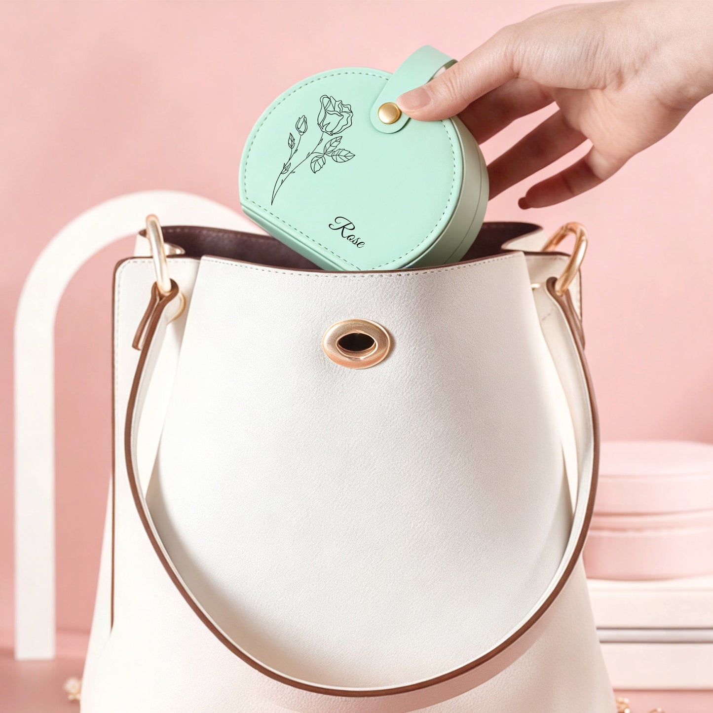 Runde Kosmetiktasche aus PU mit individuellem Pflanzen- und Textmotiv – personalisierte Kosmetiktasche