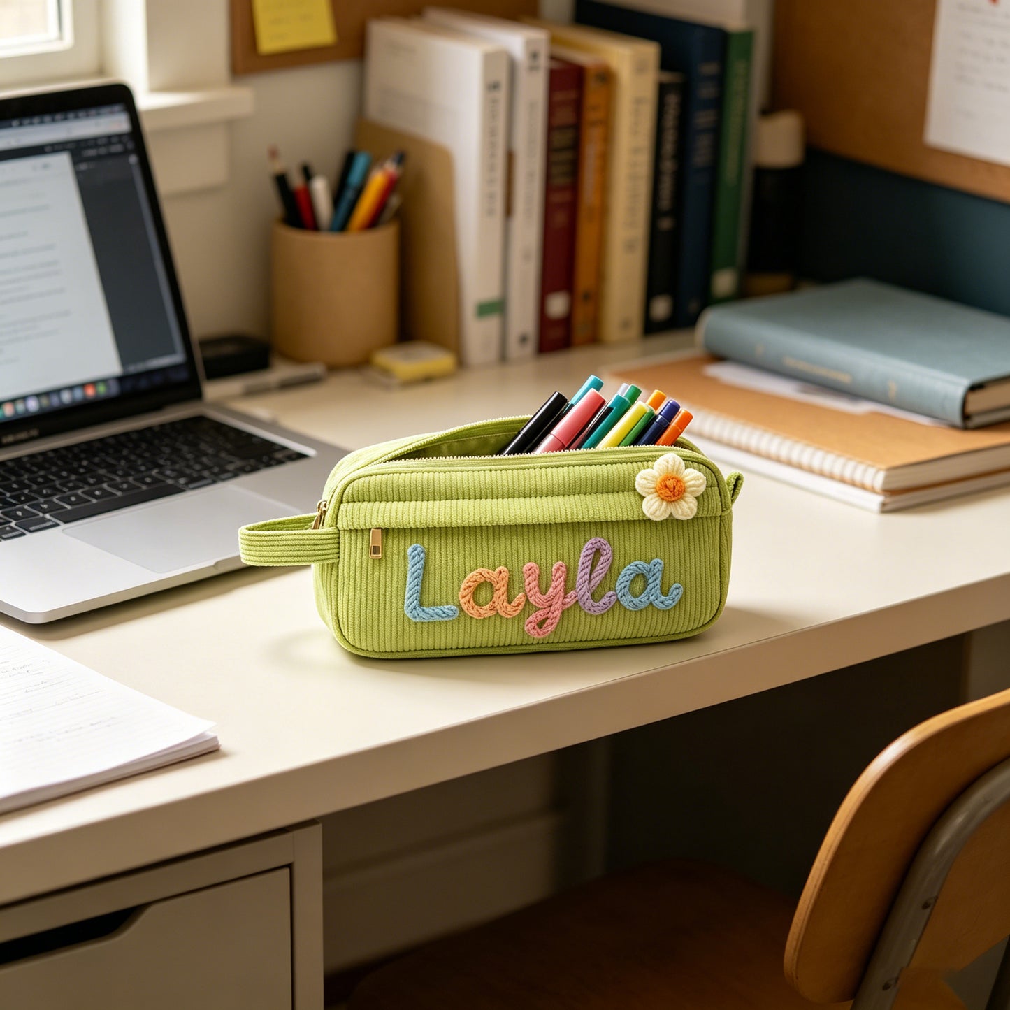 Custom Corduroy Pouch: 3D Rainbow Embroidered Name