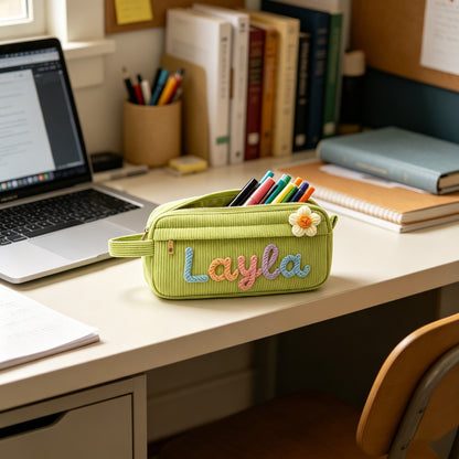 Custom Corduroy Pouch: 3D Rainbow Embroidered Name